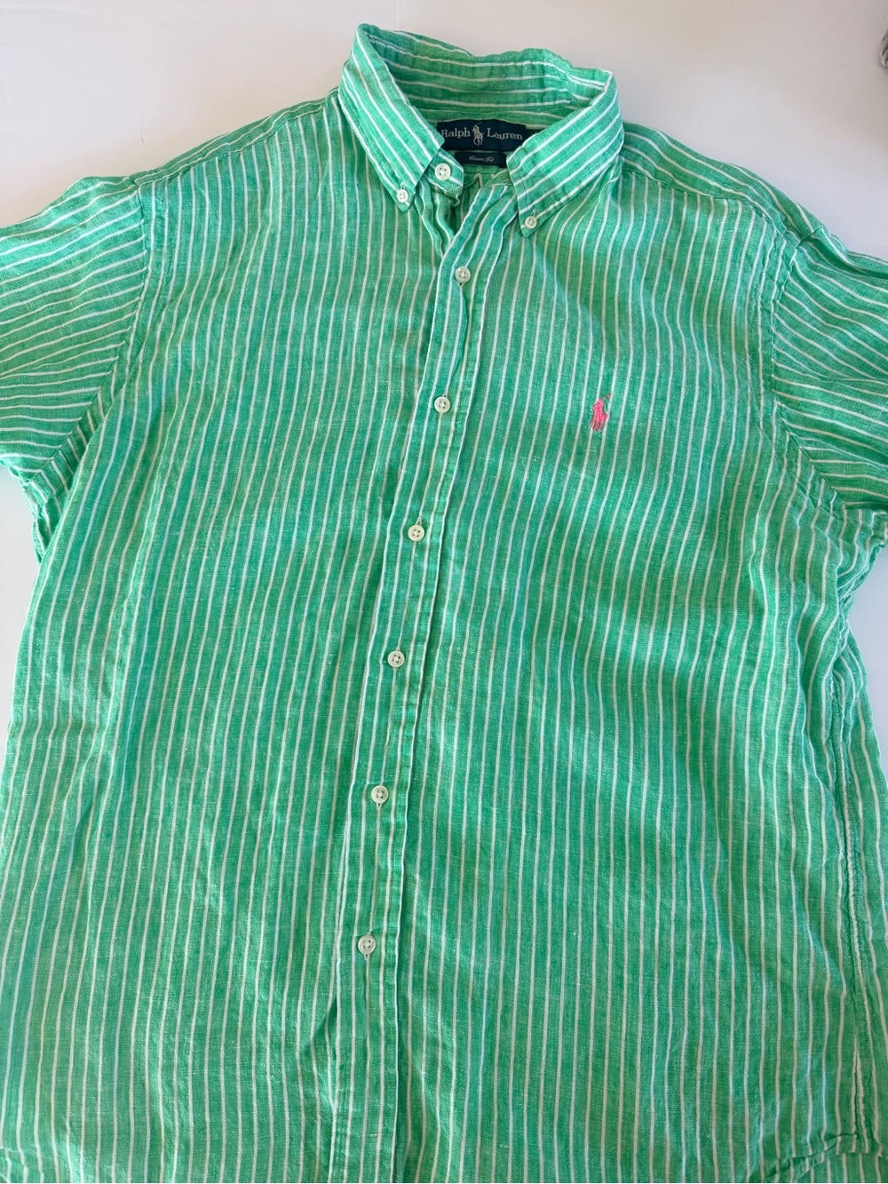 Ralph Lauren Green & White Striped Linen Shirt - Picture 2 of 7